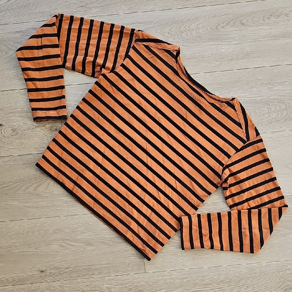 Everlane Longsleeve Boat Neck Black &‎ Orange Striped Shirt, XXS